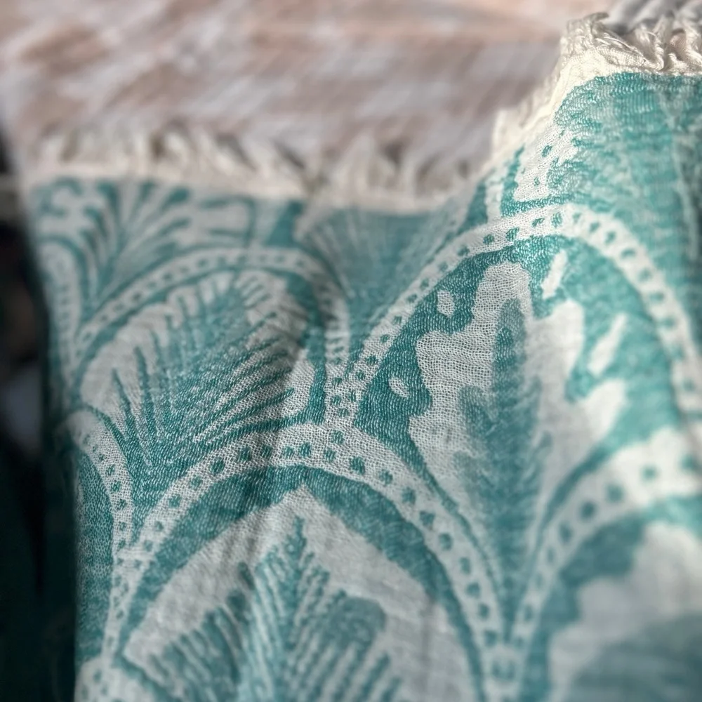 SUCCULENTS Teal Green Ecru White Loom Weave Organic Cotton 2 Side New With Tag